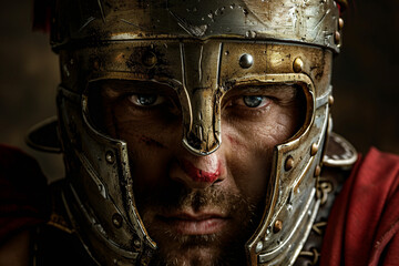 Generative AI image of a fierce ancient gladiator in battle-worn armor and helmet, inspired by Greek warriors