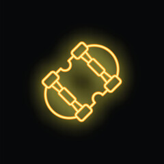 Yellow neon sign showing a skateboard on a black background