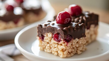 Close-up of chocolate-covered cherry rice krispies treats. Chocolate-covered cherry rice krispies treats.