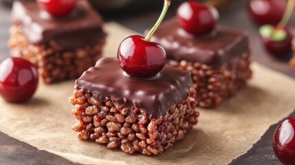 Close-up of chocolate-covered cherry rice krispies treats. Chocolate-covered cherry rice krispies treats.