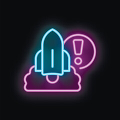 Neon rocket taking off from the clouds with a warning sign, concept for startup, new business, new technology or innovation