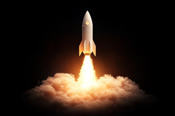 Rocket launching into space with fiery exhaust and clouds in a minimalistic style