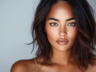 Obraz premium A woman with dark brown hair and brown eyes