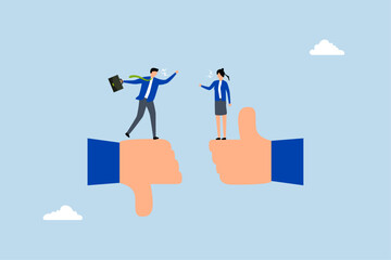 Conflict and argument between colleagues, businessman and woman angrily debating over the distinction between thumbs up and down. 