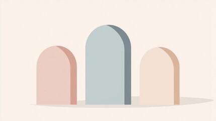 Fototapeta premium Three distinct arched shapes in varying pastel colors stand against a soft, neutral background, forming a modern and minimalist design with a focus on clean lines and geometric forms