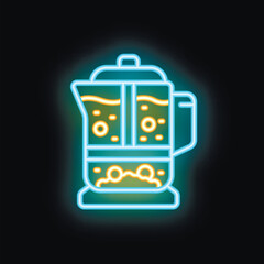 Neon sign showing a french press coffee maker brewing coffee on a black background