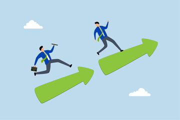 teamwork for business success, reliable entrepreneur hands off baton to colleague on ascending arrow. 