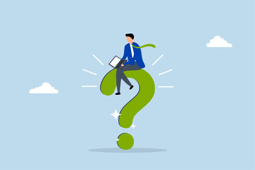 Business problem, serenity entrepreneur engaged with computer on large question mark. 