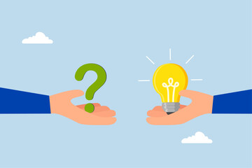 Question and answer, entrepreneur hand grasping a question mark while other is responding with lightbulb. 