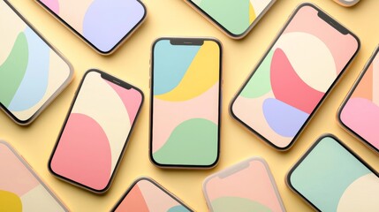 Modern smartphones with colorful abstract backgrounds are lying on a yellow surface, showcasing a trendy and vibrant design, perfect for technology and communication related themes