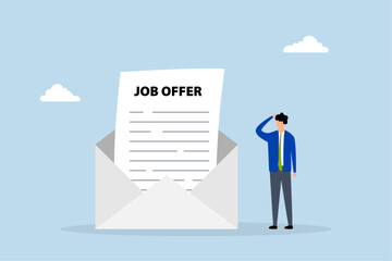 Job offer, entrepreneur applicant considering to accept employment proposal email envelope. 