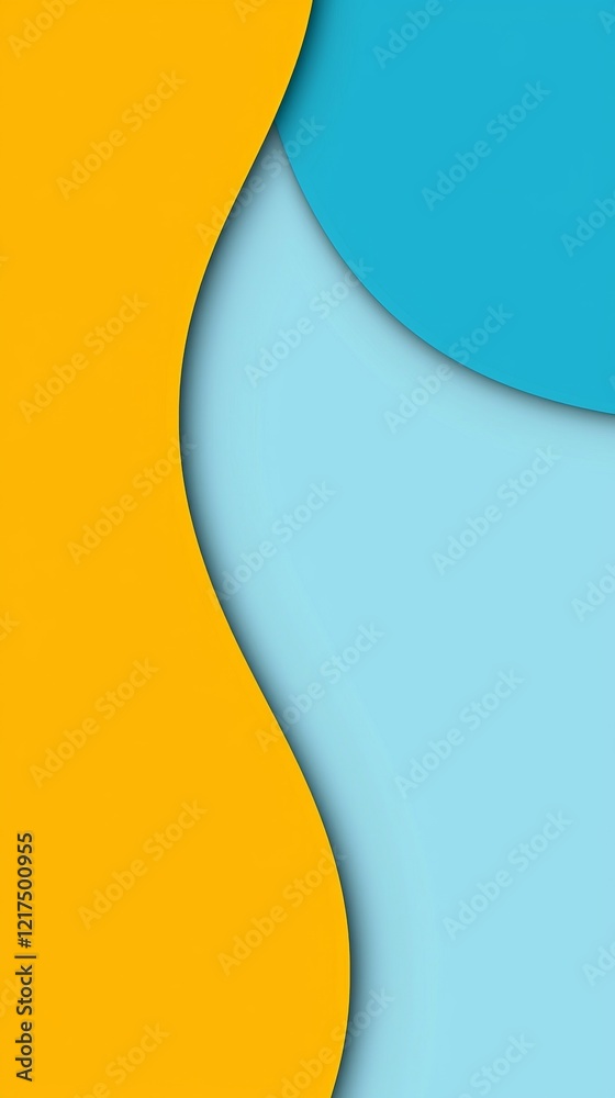 Poster yellow and blue wavy shapes are overlapping, creating a visually appealing abstract background with 