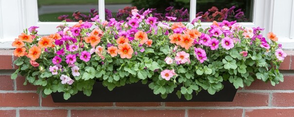 Colorful flowers in window box, brick house, garden view. Home decor, spring