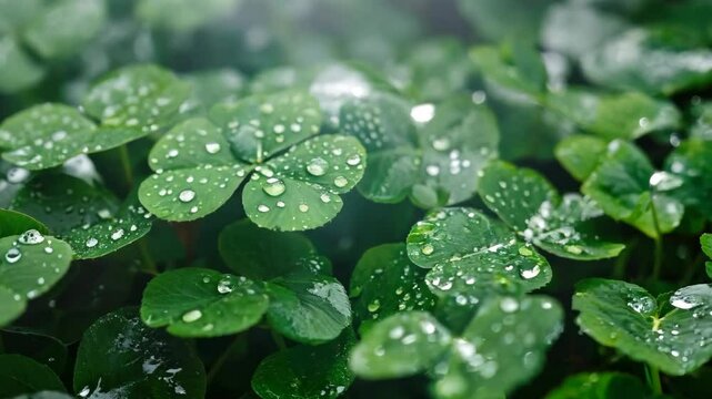 Green clover leaves with raindrops. St. Patrick's Day celebration, luck and fortune concept, copy space