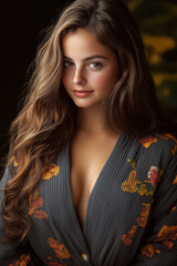 A young woman with long wavy brown hair wears a dark gray or black floral kimono or robe. The background is slightly blurred.