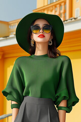 A young woman with dark hair wears a green long-sleeved top, a wide-brimmed hat, and sunglasses. She stands outdoors against a yellow wall.