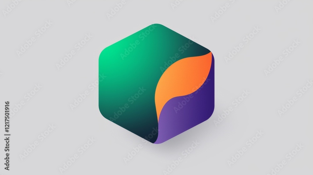 Poster modern hexagon logo design with overlapping shapes creating gradient color from green to orange and 