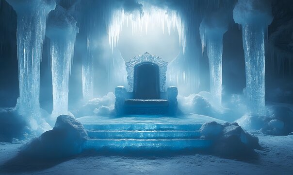 Majestic ice throne room with frozen columns and icy steps, a winter wonderland scene