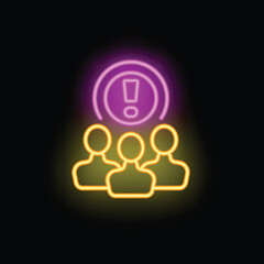 Neon sign of a group of people standing under an exclamation mark, symbolizing an important announcement