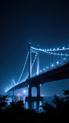 Obraz premium A captivating night view of a metal suspension bridge with illuminated cables and towers over a serene river.