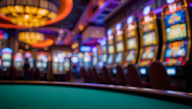 Closeup of Green Roulette Table and Slot Machines in a Vibrant Gambling Club background