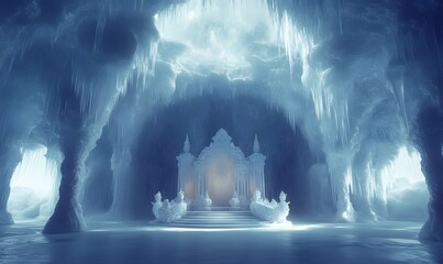 Mystical Ice Palace Hidden Deep within an Enormous Icy Cavern with Glowing Light