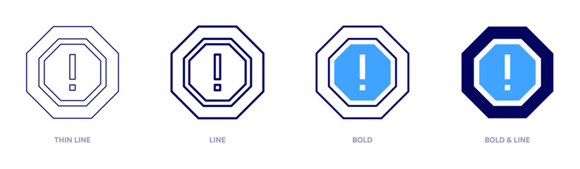 Exclamation mark function icon in 4 different styles. Thin Line, Line, Bold, and Bold Line. Duotone style. Editable stroke