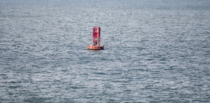 A red buoy sits in the middle of the ocean