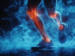Runner's legs in X-ray effect with glowing orange joints illustrating movement, highlighting stress or joint strain during physical activity.