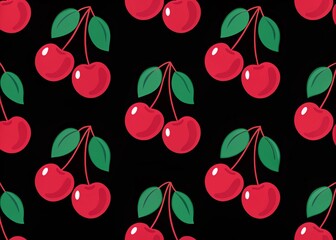 Red cherry berries seamless pattern on black background