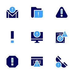 Exclamation mark icon set. Bold style. Duotone colors. alert, warning, folder, exclamation mark, email, hard disk, phone call, attention