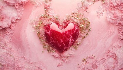 Red heart with gold glitter on pink textured background Romantic Valentine's Day design