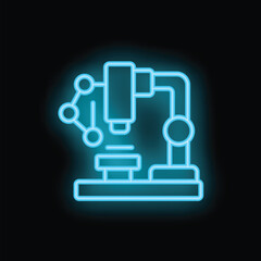Glowing neon icon of a microscope analyzing molecule structure, representing scientific research and laboratory analysis