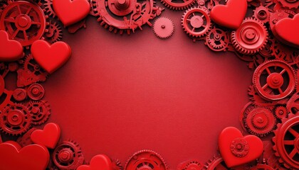 Red Metallic Hearts and Gears on Red Background