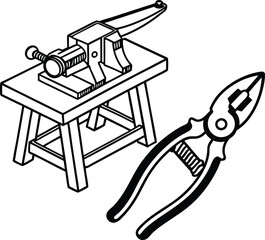 Workbench Tools - Detailed Silhouette of a Workbench Vice and Pliers - High Quality Vice Mounted on a Workbench and Precision Pliers Illustration