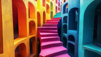 Colorful intricate stairs. Abstract shapes mazes