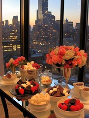 Fototapeta premium Cityscape Indulgence: A decadent spread of chocolate fondue, strawberries, marshmallows, and cakes is set against the backdrop of a stunning cityscape at twilight.
