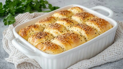 Freshly baked golden brown dinner rolls topped with sesame seeds and herbs rest in a white ceramic baking dish, offering a tempting aroma and soft texture