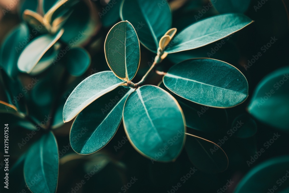 Poster close-up view of vibrant green leaves forming an intricate pattern, creating a lush and textured nat