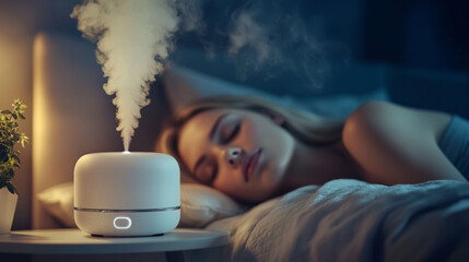Air humidifier spreading steam in bedroom with a young woman sleeping peacefully in her bed at night, creating a comfortable and healthy atmosphere for sleep