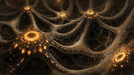 Glowing fractal cavern network, abstract art, digital background, sci-fi design