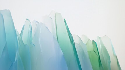 Fototapeta premium Glass shards are arranged to create an abstract mountain range, with varying shades of blue and green creating a visually appealing and artistic composition against a white background