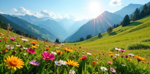 Fototapeta premium Sun-drenched Alpine meadow, wildflowers in bloom, mountains, green, Switzerland