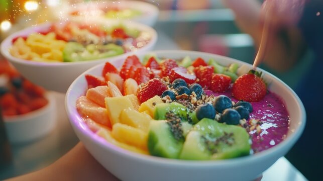 Closeup of smoothie bowls being prepared using local organic ingredients each bowl labeled with source points that emphasize sustainable farming within a vibrant food manufacturing