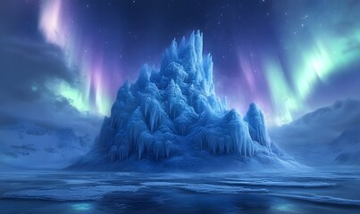 Naklejka premium Majestic Frozen Mountain Under Aurora Borealis in a Winter Wonderland Scene