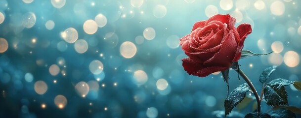 Red Rose with Water Droplets on Teal Bokeh Background