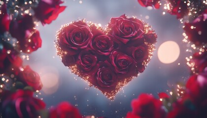 Red Roses Arranged in a Heart Shape with Glowing Sparkle Effect