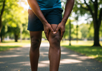 MAN INJURED LEG WHILE JOGGING, AFRICAN AMERICAN MAN STANDING UP, MASSAGING SORE MUSCLE WITH HANDS, UPSET AND INJURED RUNNER.