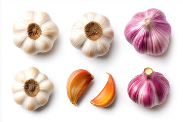 Garlic bulbs and cloves arranged on white background, showcasing various types and colors. This highlights natural beauty and diversity of garlic, perfect for culinary themes