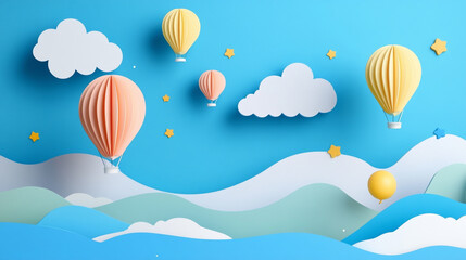 Whimsical Summer Skies - Colorful Hot Air Balloons, Kites, Colorful Hot Air Balloons Floating Above Fluffy Clouds Blue 
